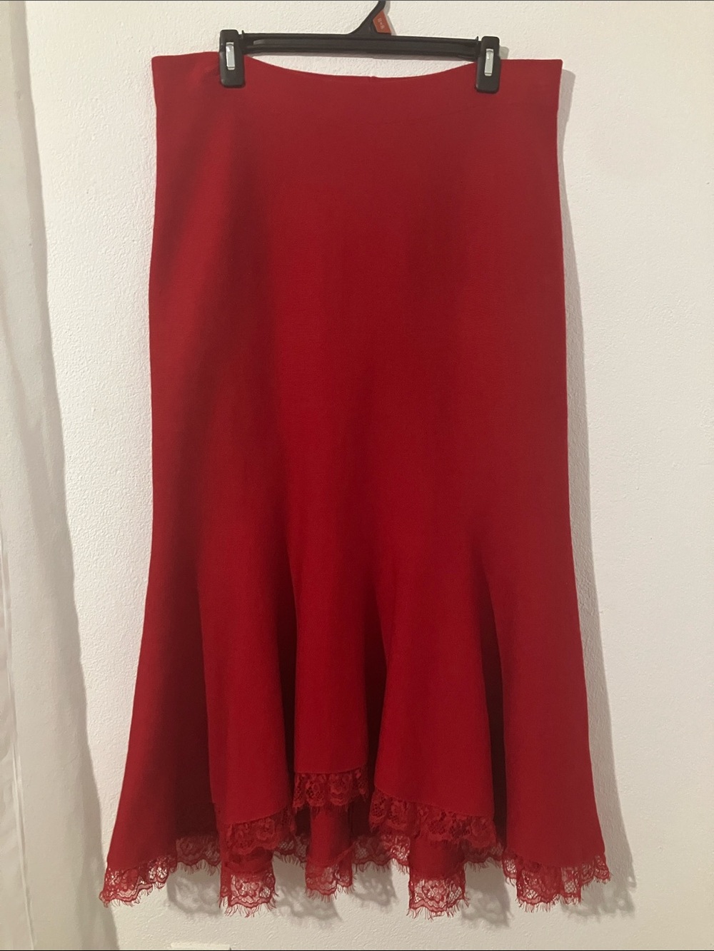 Gracia Red A-Line Fit and Flare Pull-on Maxi Skirt with Delicate Lace Hem